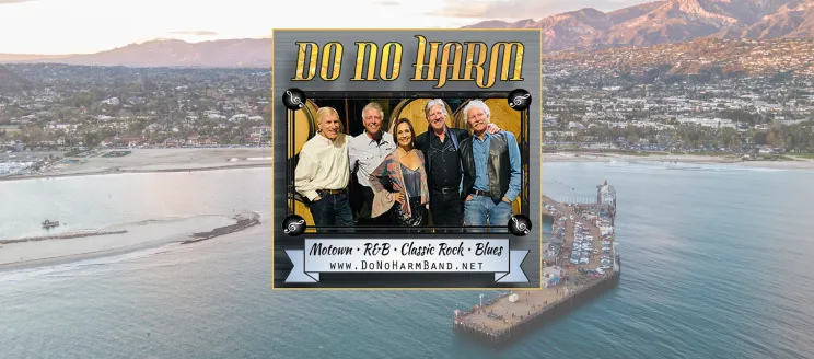 Image shows the Wharf with a photo of the Do No Harm Band