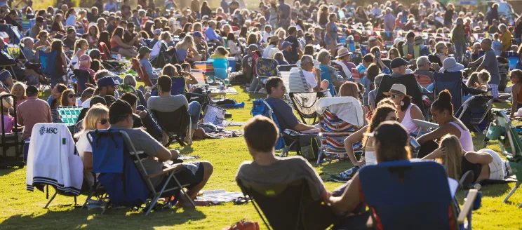 A group of people sitting on the lawn for a concert