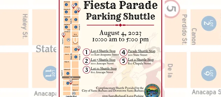 Fiesta Parade Parking Shuttle with map and dates/times