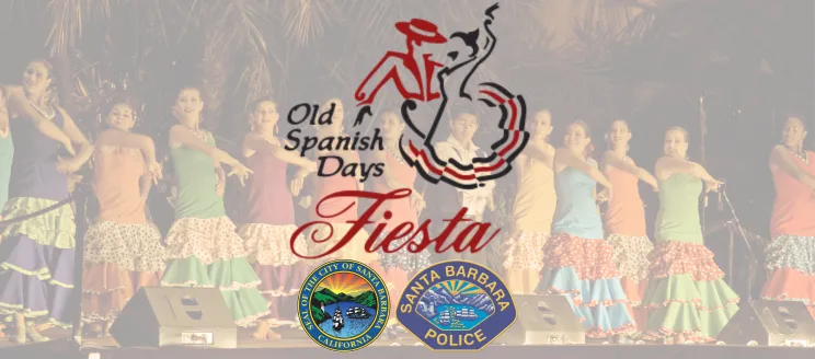 Image shows Fiesta dancers dancing with the OSD logo and the City Seal and SBPD Seal
