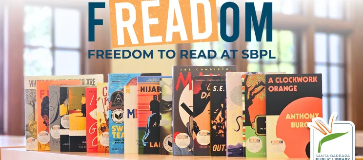 image of books lined up with the words Freedom to Read at SBPL