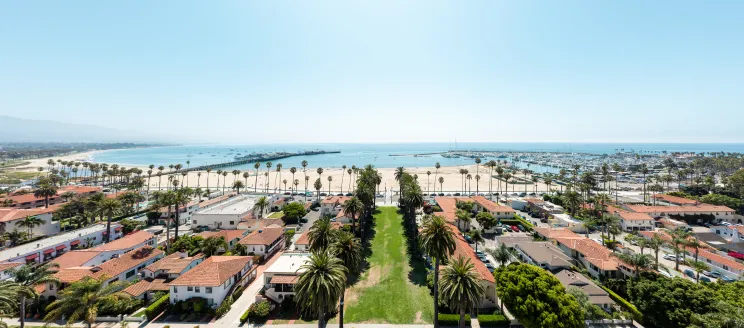 An aerial view shows Ambassador Park leading to the ocean