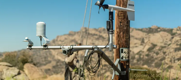 Image shows a power line with a crew member in the background working