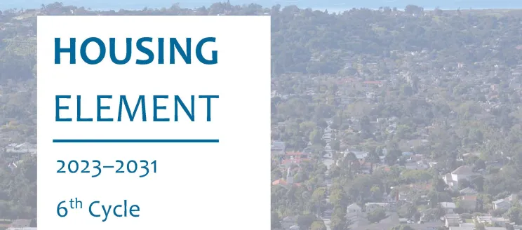 Text in white box reads "Housing element 2023-2031 6th cycle" over a landscape image of downtown santa barbara
