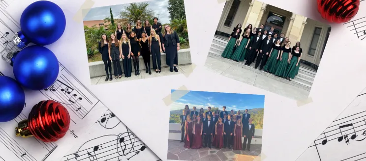 Sheet music covered with ornaments and pictures of three school choirs