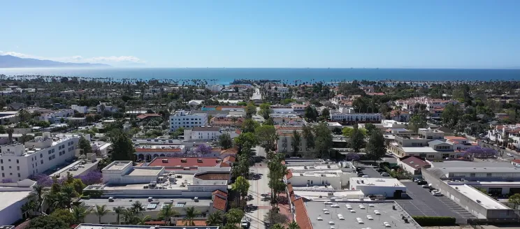 Aerial image of downtown Santa Barbara looking toward the south