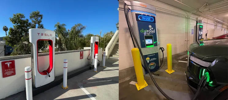 Tesla and Dirt Road electric vehicle chargers at the Ortega Garage in Santa Barbara.