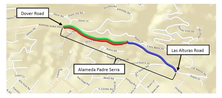 Map of paving area for Alameda Padre Serra on March 25-March 28, 2024