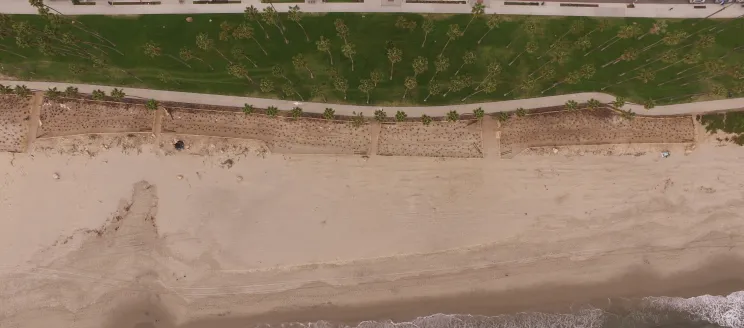 Aerial view of East beach where you can see the east beach habitat restoration work