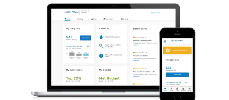 A laptop and mobile device displaying WaterSmart Dashboard