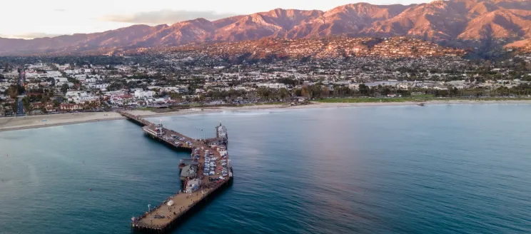 Aerial image of downtown Santa Barbara looking toward the north over sterns wharf