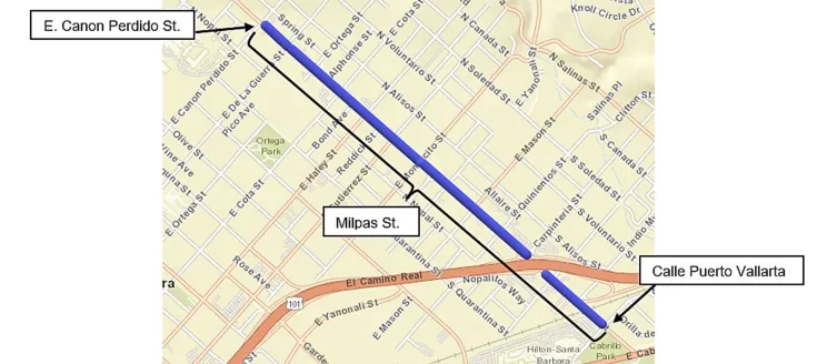 Map of Patching Potholes on Milpas Street from East Canon Perdido to Calle Puerto Vallarta