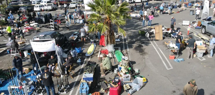 Overhead view of the Nautical Swap Meet showing boats, fishing gear and water sports gear.