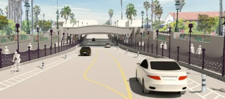 State Street Undercrossing rendering showing rendering of cars traveling alongside widened pedestrian and bike lanes.