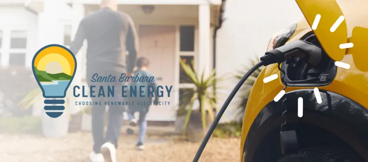 Close up of electric vehicle charger and people walking into a home in the background with Santa Barbara Clean Energy logo