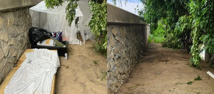 Two images side by side the left image is of an homeless encampment next to a retaining wall, the second image on the right side is after a cleanup was performed and you can see all the litter and debris have been removed
