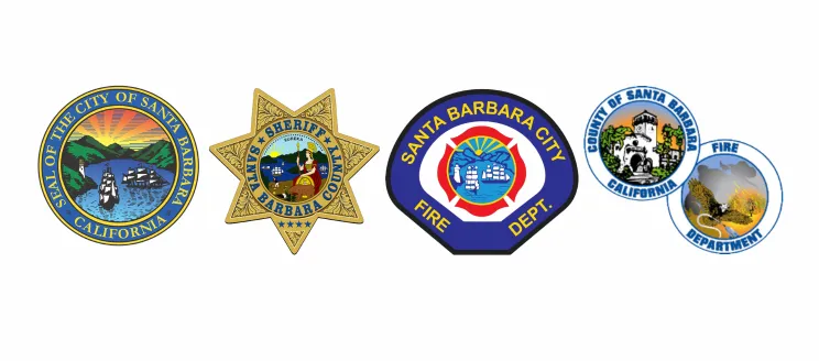 City of Santa Barbara Seal, Santa Barbara Sheriff’s Office, City Fire County of Santa Barbara Fire logo.