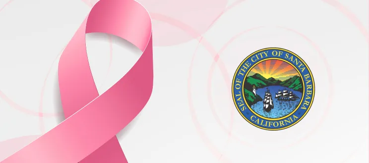 pink ribbon on white background with City of Santa Barbara Seal.