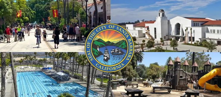 City of Santa Barbara Seal over images of State St., Santa Barbara Airport, Los Baños del Mar, and Kids' World Playground