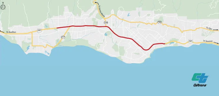 Map of the Santa Barbara Highway 101 Corridor Improvements Project from Milpas Street undercrossing to the Fairview Avenue overcrossing