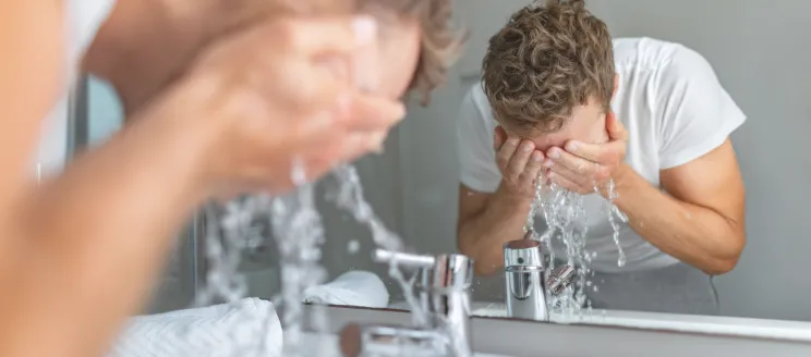 A man is washing his face in front of a sink and a mirror.