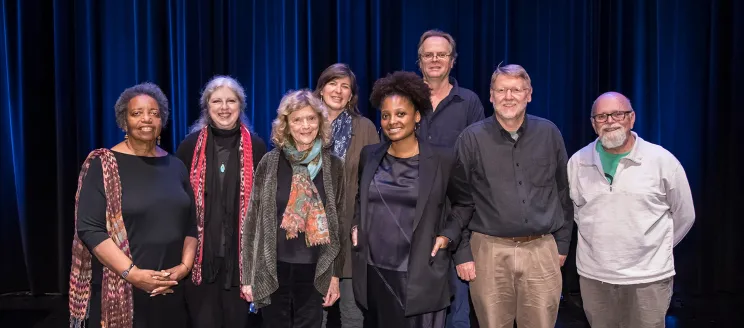 Left to right: Sojourner Kincaid Rolle, Enid Osborn, Perie Longo, Chryss Yost, Tracy K. Smith (United States Poet Laureate Emerita), David Starkey, Paul Willis, and Phil Taggart (Ventura County Poet Laureate Emeritus).