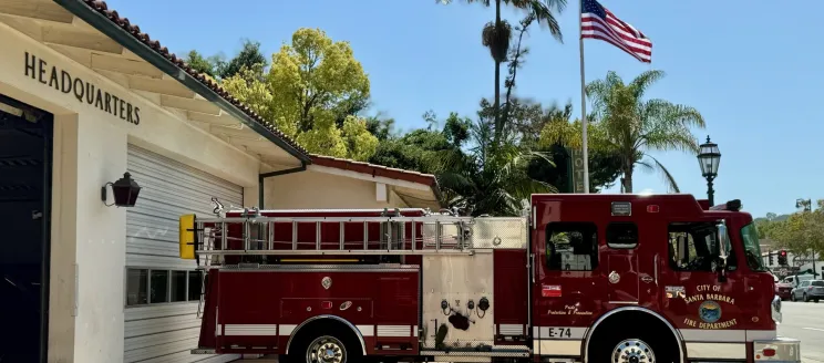 Santa Barbara City Fire Department Fleet Fire Truck at Headquarters with American Flag in the backgrpund