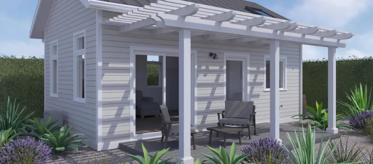 Photos of a Preapproved ADU rendering with a covered front deck