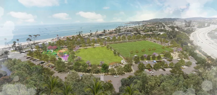 Rendering of Dwight Murphy Field depicting a renovated park with an all-abilities playground, multi-sport field, outdoor fitness area, picnic spots, walking paths with lighting, updated restrooms, and expanded parking.