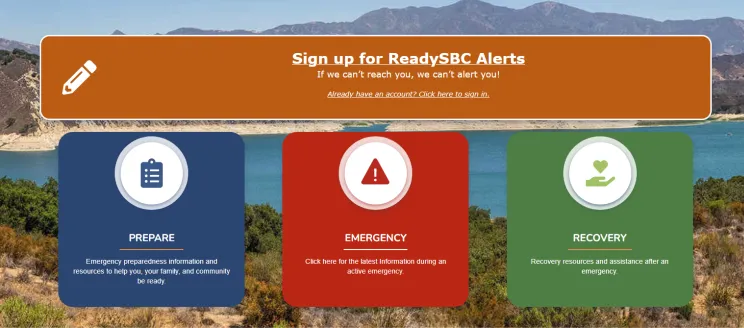 ReadySBC Webpage, Sign Up for ReadySBC Alert. Prepare, Emergency and Recovery information links.