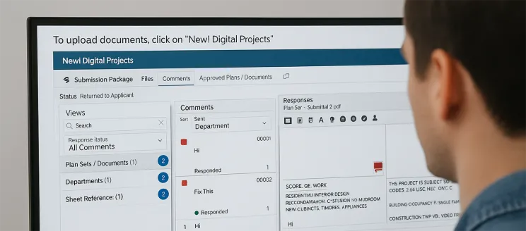 Image on man at computer submitting Plan Check Responses via DigEplan 