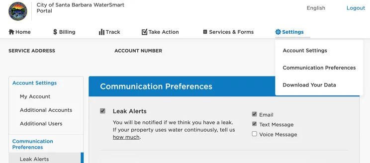 a screenshot of WaterSmart account preferences