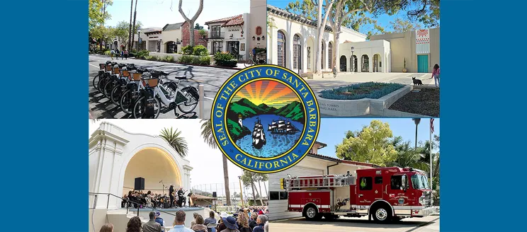 ACFR-2024 Cover Image. Showing State St., Library Plaza, Plaza del Mar Band Shell and Fire Engine