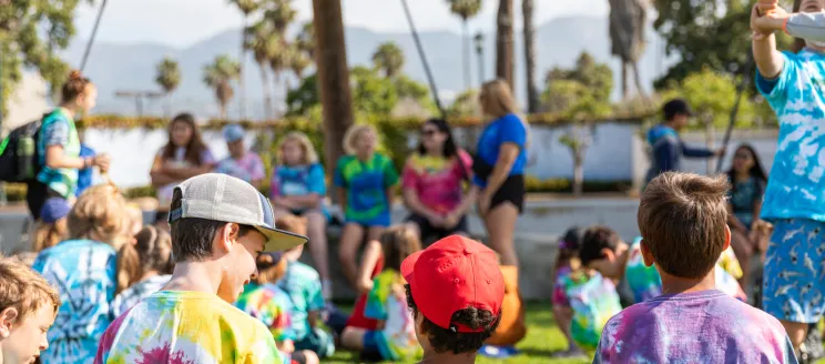 Campers at Nature Camp gather in their handmade tie dye shirts