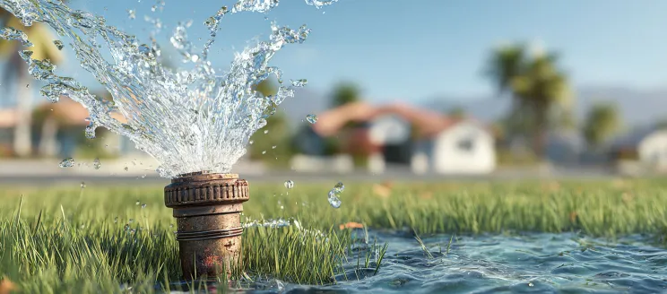 a broken sprinkler head that is flooding the lawn