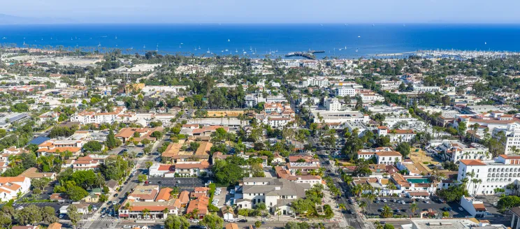 downtown santa barbara arial view panning from downtown towards the waterfront and showing the ocean