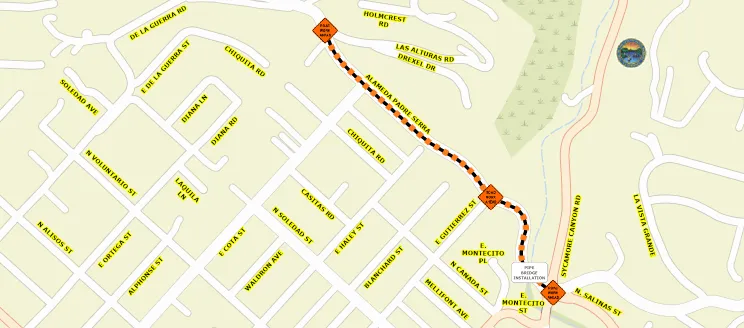 map from the APS roundabout to Las Alturas Rd showing the location of the construction sites.