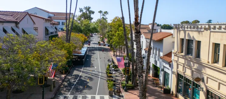 900-1100 Blocks of State Street lined with palm trees and American flags, featuring shops and crosswalks.
