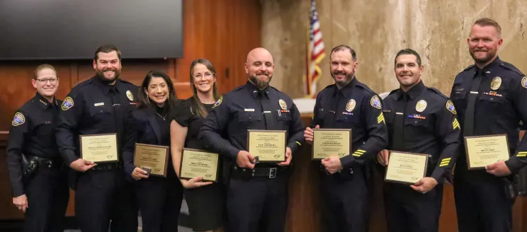 From left: Chief of Police Kelly Gordon, Officer Thomas Diefenthaler, Officer Rocio Alvarez, Officer Brittany Rohrs, Detective Saul Amezquita, Detective Sergeant Ethan Ragsdale, Detective Sergeant Rick Cipres, Detective Bryce Ford.