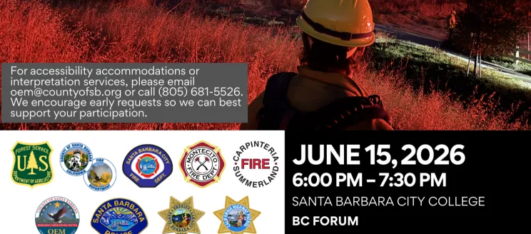  In the foreground, a firefighter wearing a yellow helmet looks toward the flames. The flyer invites South Coast residents to attend a presentation and community discussion about wildfire preparedness with local fire officials, law enforcement, public safety agencies, and community resource organizations.