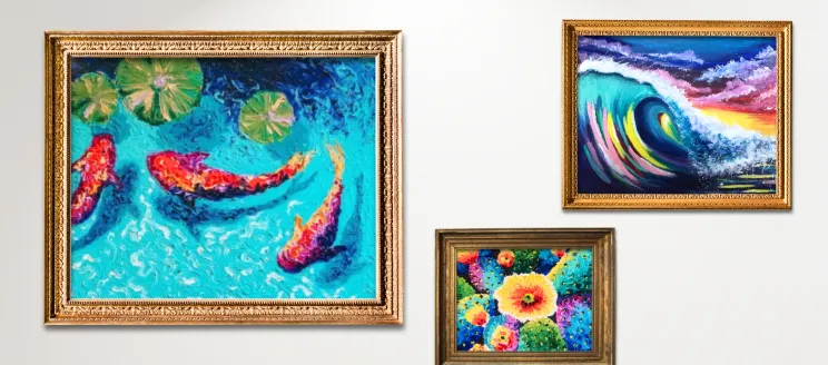 Collage of paintings in gold frames