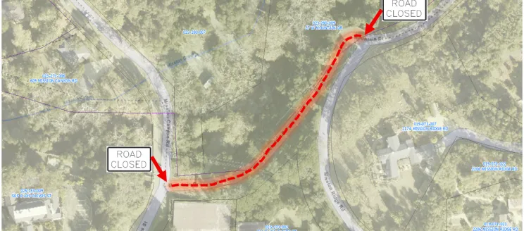 Aerial map denoting where the road closures on Mountain Drive begin and end.