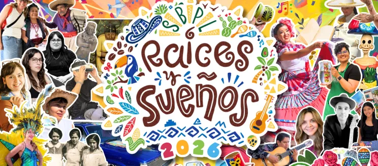 Raíces y Sueños logo over a collage of speakers, artist and event highlighting Hispanic heritage.