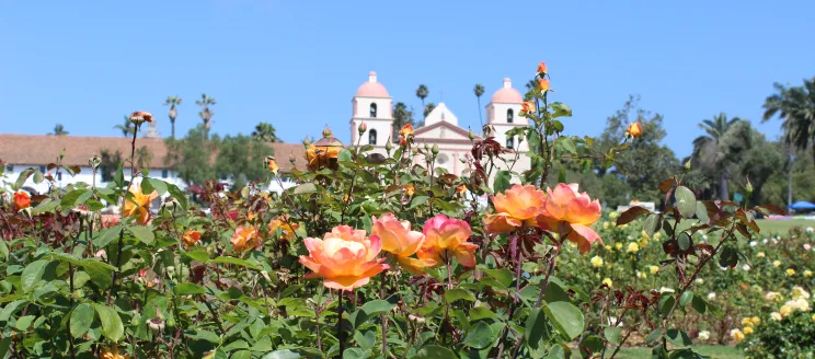 Santa Barbara Mission in the backgroud of the nearby rose garden
