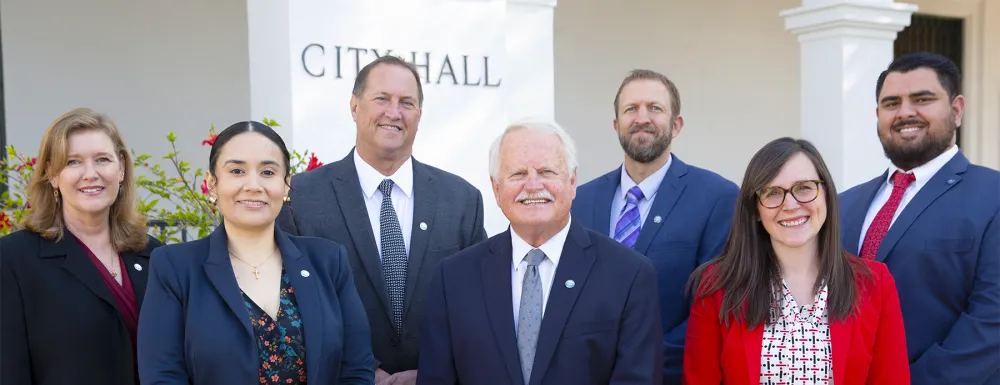 Photo from left to right of the Mayor and City Council: Kristen Sneddon, Alejandra Gutierrez, Mike Jordan, Mayor Randy Rowse, Eric Friedman, Meagan Harmon, Oscar Gutierrez