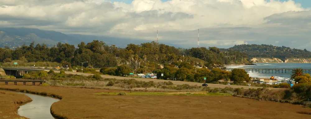 Goleta Slough with 101 Freeway and Goleta Pier in backdrop