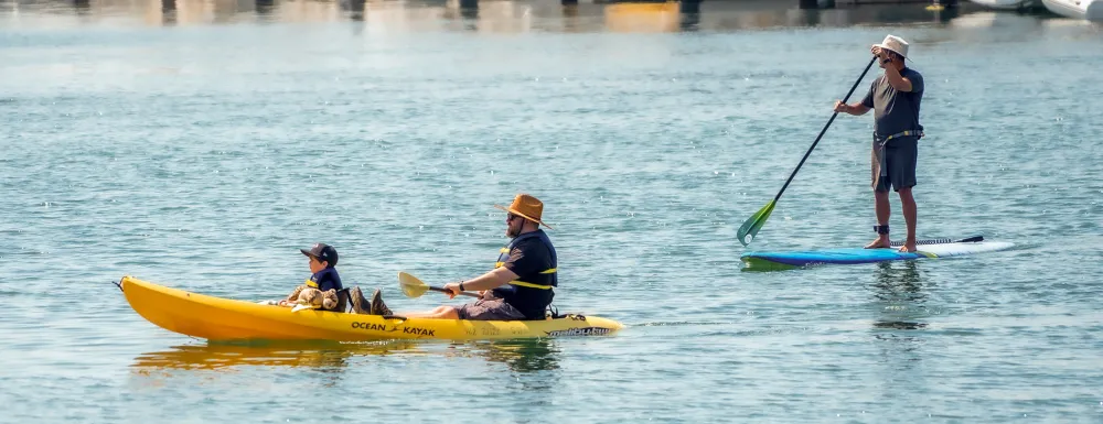 Kayakers and Standup paddle boarder in harbor