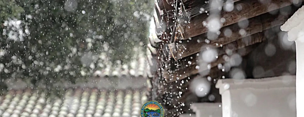 Image of rain splattering off historic Santa Barbara building