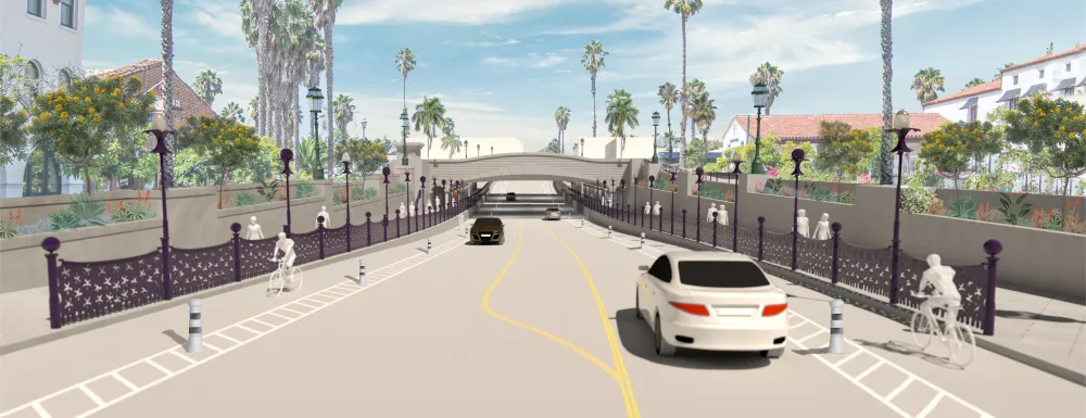 Rendering of the design for the State Street Undercrossing - View of the roadway with bollards.
