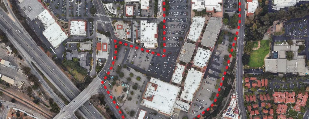 La Cumbre Plaza area from above showing a red border around buildings.